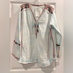 Johnny Was Embroidered Top - White with Red and Blue Accents